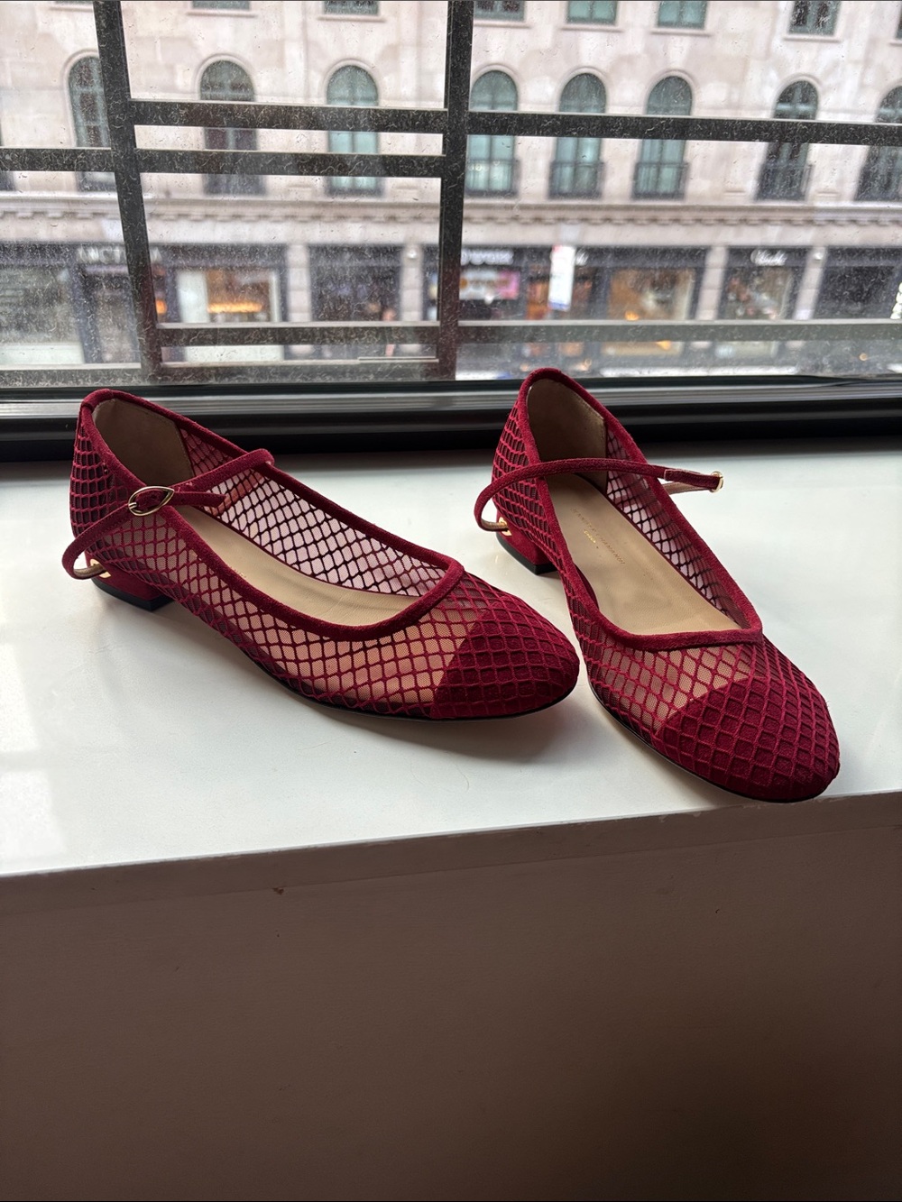 Jennifer Chamandi Red Mesh Mary Jane Flats with Ankle Strap